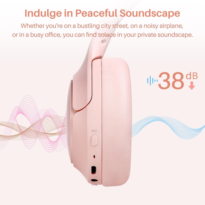 TOZO Hybrid Active Noise Cancelling Headphones, Hi Res Audio | Wireless Over Ear Bluetooth Headset, 60H Playtime, Custom EQ via App Deep Bass Comfort Fit Ear Cups, for Home Office Travel Pink