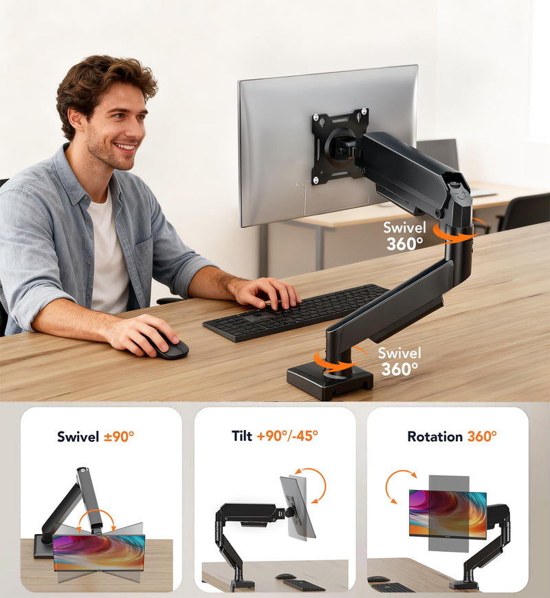 Single Monitor Mount, Gas Spring Arm for 17-32 inch Screens Adjustable Monitor Stand, Vesa Mount Stand with Clamp and Grommet Aluminum Base - Fits 4.4 to 22lbs LCD Computer Monitors HD09B-001 Single monitor arm