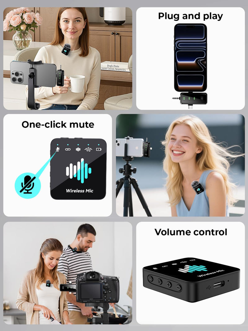 [AUSTRALIA] - MENERESAS Wireless Lavalier Microphone for iPhone: Mini Microphone Noise Reduction - 328ft Transmission & 20H Battery Life for Video Recording, 3-in-1 Universal Camera & Android, Deep Grey Brushed Black 