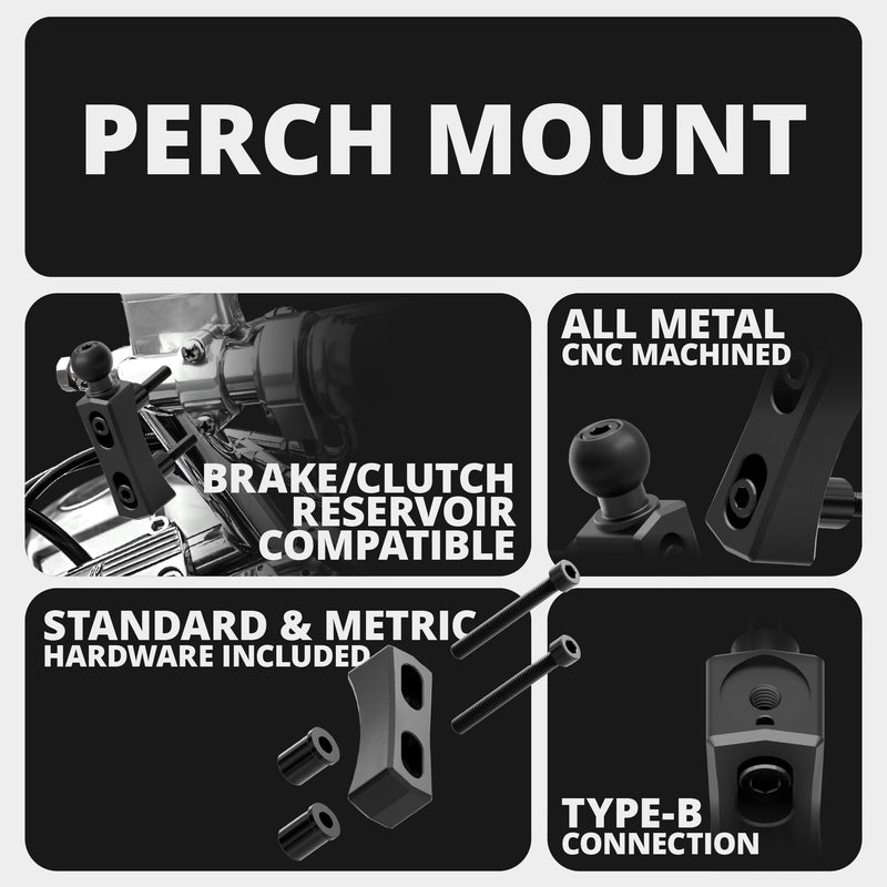 Tackform Black Motorcycle Perch/Brake/Clutch Reservoir GPS/Tuner Mount - 4-Hole AMPS Pattern | Aluminum | Compatible with Garmin Zumo, Dynojet Tuner, More | 3.5” Long Reach Arm