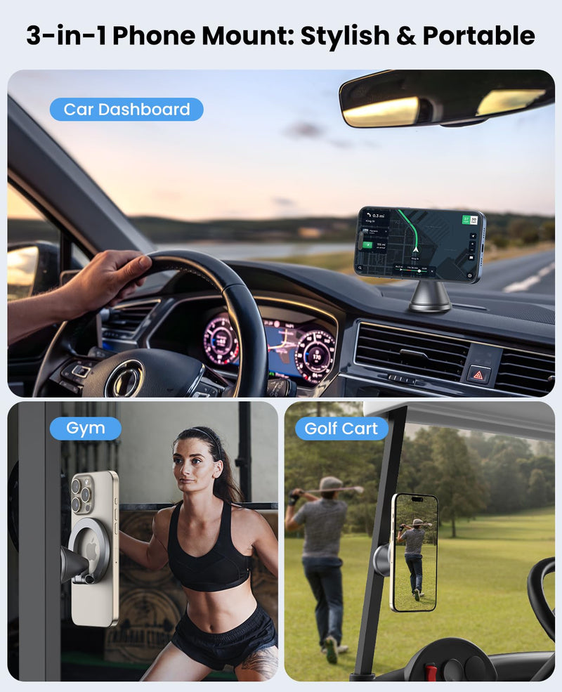 Detachable Magnetic Phone Holder for Car & Gym - All Aluminum Alloy Base Stays on Car Dashboard, Portable Phone Mount for iPhone 12/13/14/15/16/17 Series