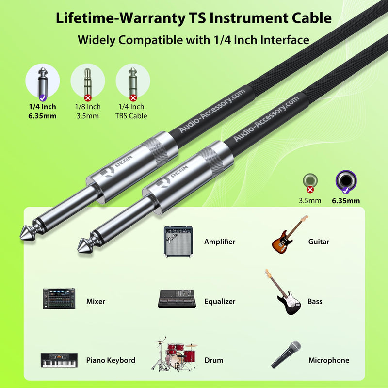 Guitar Cable 10 ft 2 Pack, Nylon Braided Anti-Kinking Kevlar-Reinforced, Neutrik REAN Connector, 20 Gauge 99.99% OFC 1/4 Instrument Cable, AL & OFC Dual Shielded Amp Cord for Fender Electric Guitar 10 ft, 2 Pack Straight, Rean Black