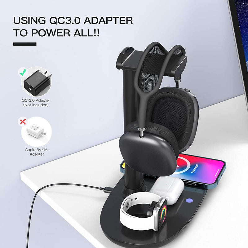 Headphone Stand with 15w Wireless Charger, Suguder 4 in 1 Qi Charging Station Headset Holder for AirPods Max/Pro/2 iWatch 7/6/5/4/3/2/1/SE iPhone 13/12/11/XS/XR/X/8 Series for Desktop Table Game,Black Black