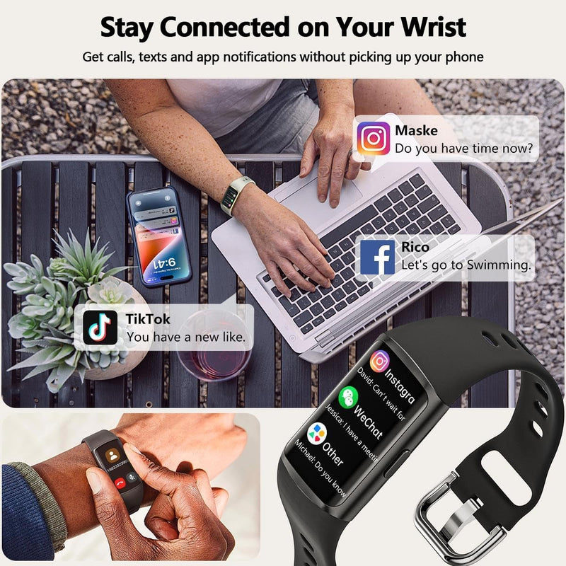 FITVII Slim Fitness Tracker for Women Men, Fitness Watch for Android iOS | 24/7 Heart Rate & Blood Pressure, Blood Oxygen, Sleep Monitor, IP68 Waterproof Activity Trackers with Calories Step Counter Black
