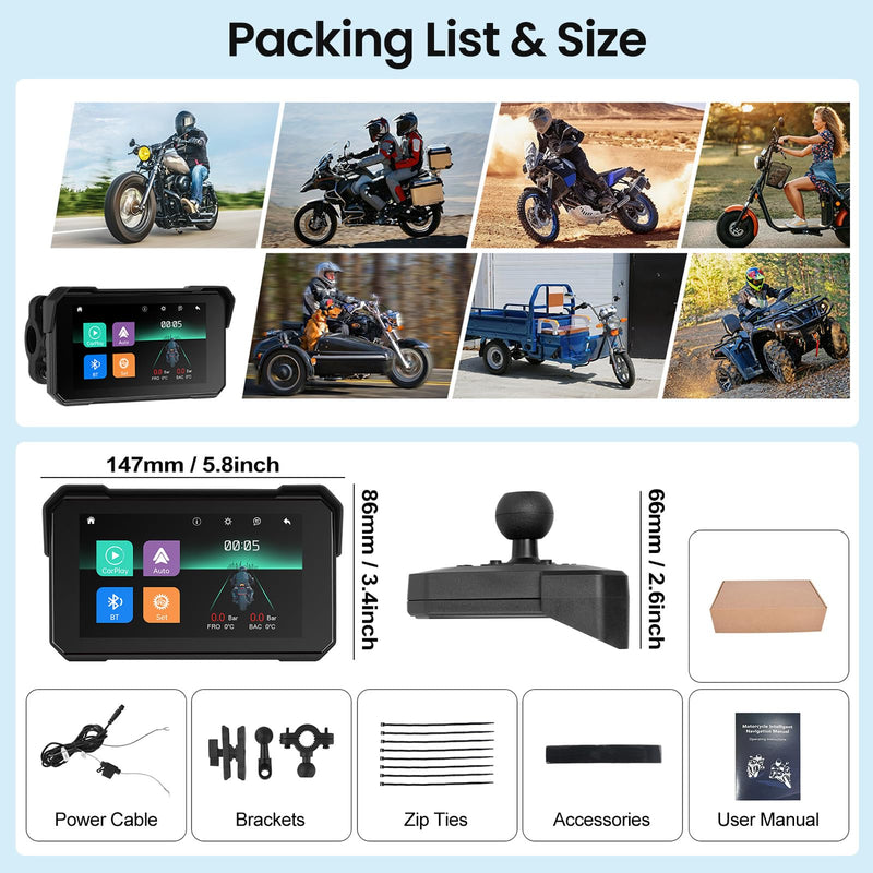 SIXTOP Motorcycle CarPlay Screen with Wireless Apple CarPlay Android Auto, IP68 Waterproof Touch Screen 5 inch GPS Navigation Carplay para Moto, Bluetooth, Siri Google Voice Control