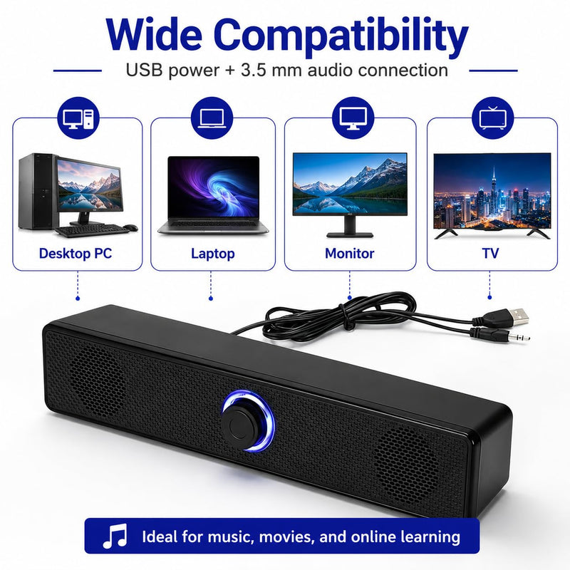 Computer Speakers USB-A Powered Wired Stereo Desktop Speaker,Portable,with 3.5mm AUX, Volume Knob LED Ring for PC Laptop No Bluetooth,Computer accessorie Black