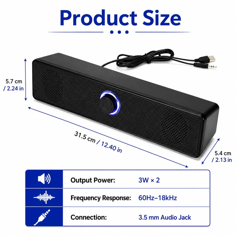 Computer Speakers USB-A Powered Wired Stereo Desktop Speaker,Portable,with 3.5mm AUX, Volume Knob LED Ring for PC Laptop No Bluetooth,Computer accessorie Black