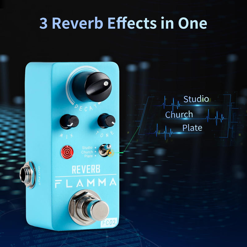 FLAMMA FC02 Mini Reverb Pedal Digital Guitar Pedal with 3 Reverb Effects Church Plate Studio True Bypass FC02 Reverb