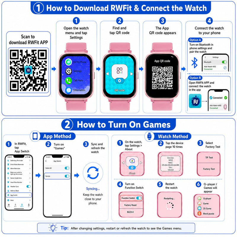 Kids Smart Watch 4-15 Ys, Standalone&APP Dual Use, Bluetooth Call, Kid Gift | 1.8'' IP68 Boys Girls Fitness Tracker, DIY Sports Modes, Heart Rate&Sleep Monitor, 13 Alarms, Weather, Smart Reminder, Games Pink-Bluetooth