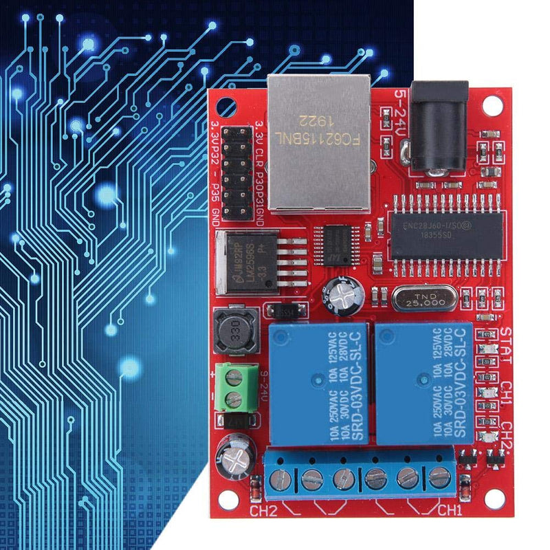 LAN Ethernet Controller Module, TCP/UDP Controller Module with 2-Way Relay Board Delay Switch DC(5-24V) for Replacement of Web Server Electronic Kit Circuit Board