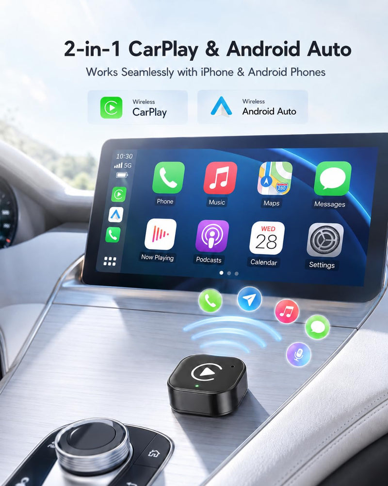 Wireless CarPlay Adapter USB C, Compact Android Auto Dongle | Direct USB-C plug-in converts factory wired CarPlay and Android Auto to wireless with 5GHz WiFi and auto reconnect.