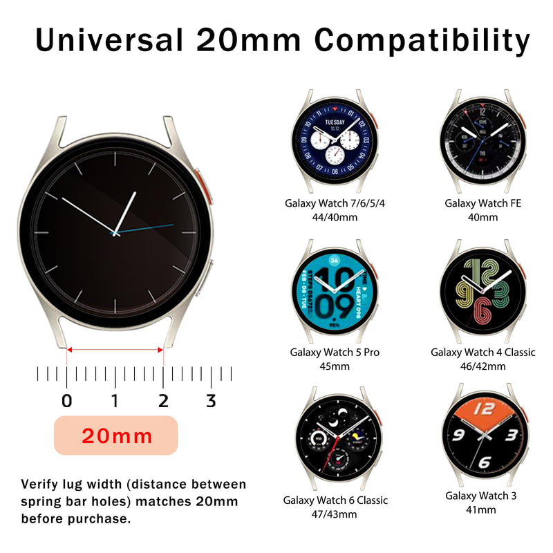 Italy Genuine Leather Watch Bands Compatible with Samsung Galaxy7 6 5 4 40mm 44mm, 5 Pro 45mm, 6 4 Classic Active 2, 20mm Quick Release Leather Watch Straps Replacement Band for Women Men(Pack Of 2)