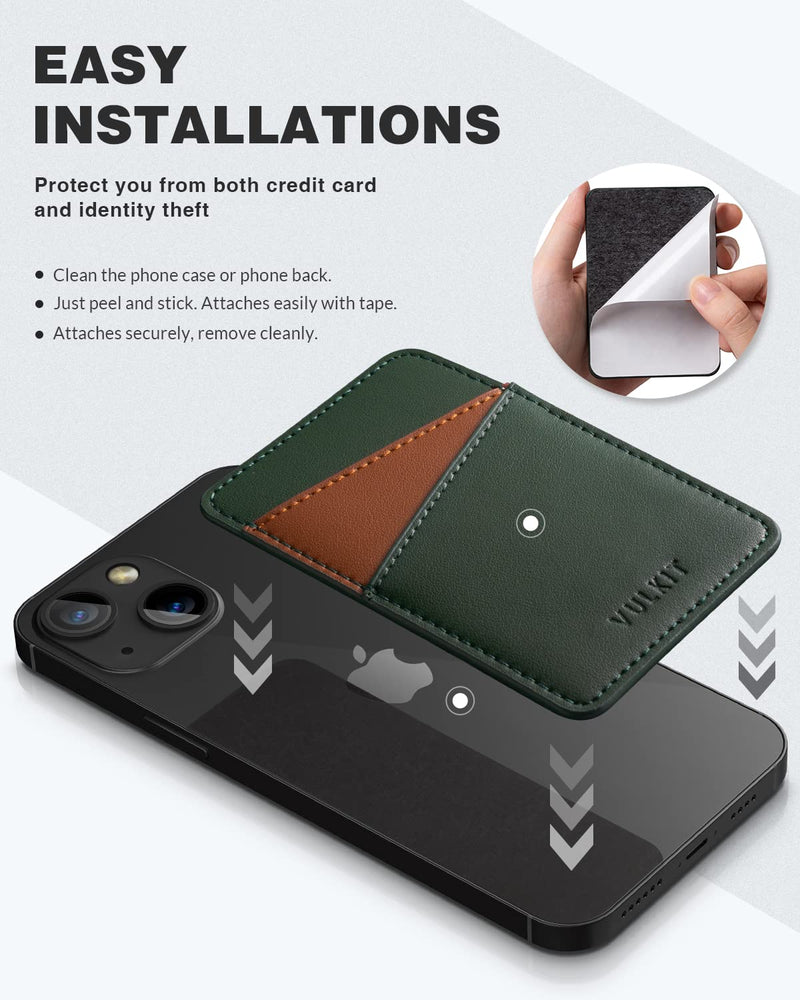 VULKIT Phone Card Holder Wallet Leather Adhesive Pocket RFID Blocking Credit Card Sleeves Stick Back of Phone Smartphones Green