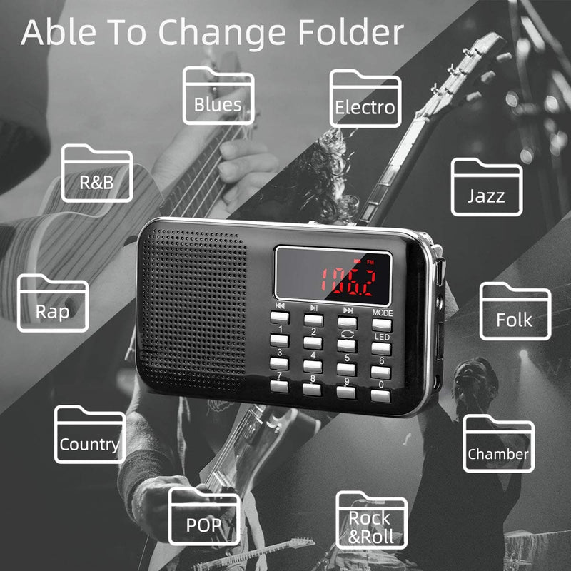 [AUSTRALIA] - PRUNUS Mini Portable Radio AM FM Pocket Radio with MP3, LED Flashlight, Digital Radios Speaker Support Micro SD/TF Card/USB, Auto Scan Save, 1200mAh Rechargeable Battery Operated[Latest Version] Black 