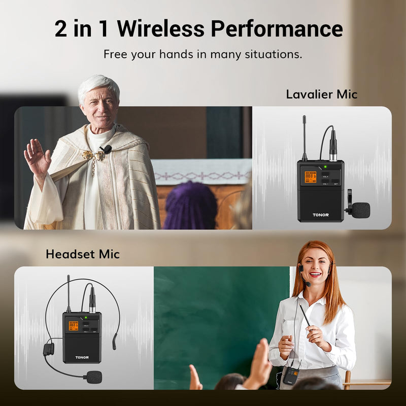 TONOR UHF Wireless Microphone System with Headset Mic/Lavalier Lapel Mic, Bodypack Transmitter, Rechargeable Receiver, 15 Channels 200ft Range 1/4" Output for Recording Live Performance PA Speaker 1 Pack