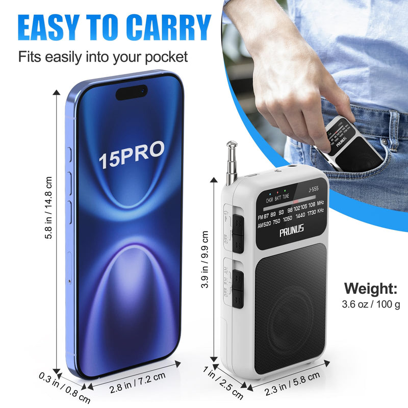 PRUNUS J-555 Pocket Radio AM FM USB-C Charging& Battery Operated, Excellent Reception& Clear Speaker and Headphone Jack, Back Clip, Flashlight, Transistor Radio, Portable Radio AM FM, Mini Radio White