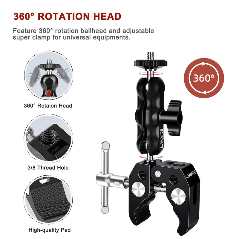 [AUSTRALIA] - Camera Mount Clamp with Double Ball Head Adapter - 2 Pack. Compatible with LED Lights, Gopro, Insta360, DJI Action, Ronin-M, Ronin MX. 360° Ballhead and 1/4’’ + 3/8’’ Thread Hole. 