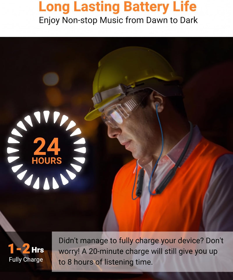Bluetooth Work Headphones, OSHA-Compliant, 27dB NRR, 24H Playtime | Noise-Reduction Safety Earbuds | Bluetooth 5.4, 100 ft | aptX HD | Soft 3-Flange Silicone Ear Tips | Blue-Orange Blue with Orange