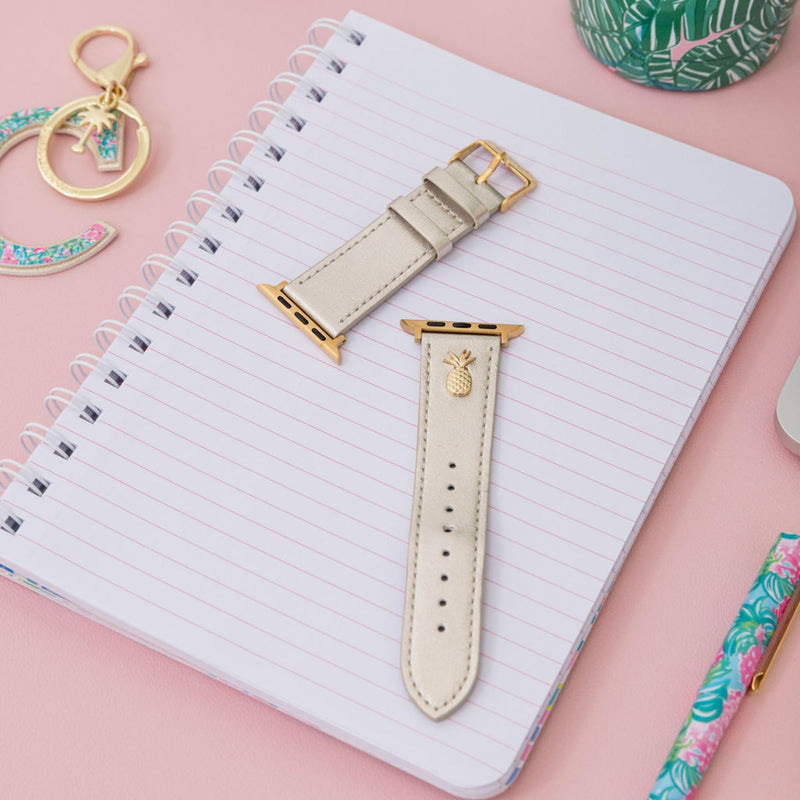 Lilly Pulitzer Genuine Leather Watch Band Sized to Fit 42mm, 44mm, & 45mm Smartwatches, Compatible with Apple Watch Series 1-8 and SE, Gold