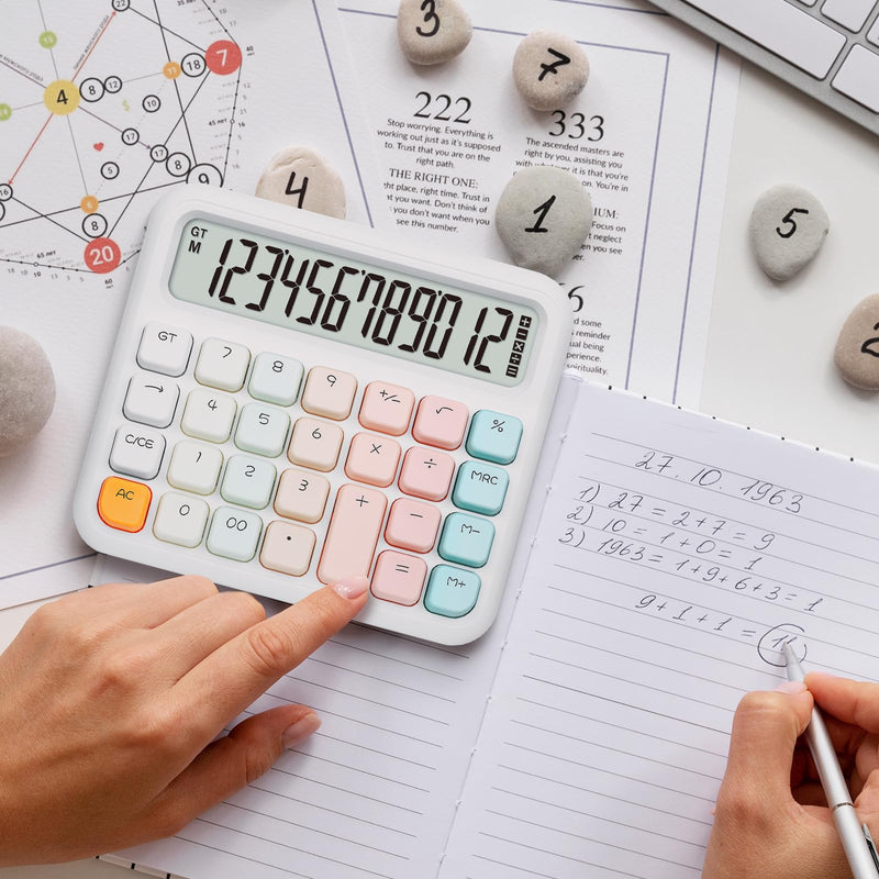 Pendancy Calculators Desktop 12 Digit, Cute Basic Calculator with Extra Large LCD Display and Buttons, for Office, School, Home Use White