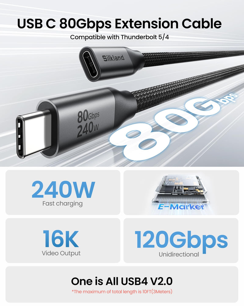 Silkland 80Gbps USB4 USB C Extension Cable 240W for Thunderbolt 5/4, 6.6FT | Male to Female Extender Cord, 8K@60Hz, 4K@540Hz, USB-C Hub, Dock, Monitor, iPhone 17/16, iPad, MacBook, External SSD, 6.6FT 6.6 Feet