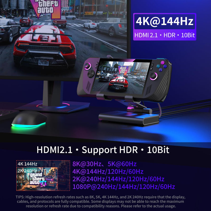 Adjustable Stand Steam Deck Docking Station with RGB Light Cooling Fan | 4K@60Hz, PD100W, Gigabit Ethernet Fit and HDMI for Steam Deck/ROG Ally X/Legion Go (S)/MSI Claw/Switch Non-Detachable Fan