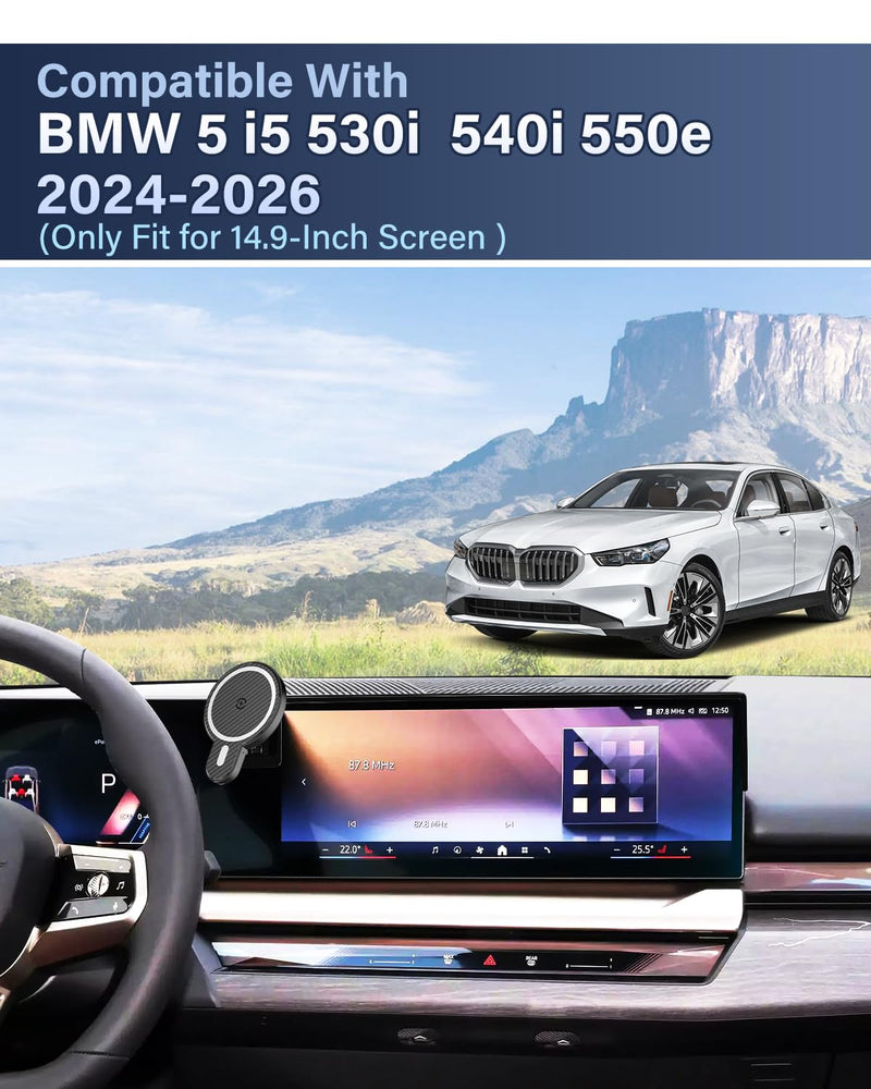 PZK Car Phone Holder for 2024-2026 BMW 5 Series/BMW i5 /BMW 530i 540i 550e | 14.9-Inch Screen Magnetic 15W Fast Wireless Charger Car Phone Mount Fixed Screen 360° Rotation Hands-Free Phone Cradles Magsafe+ Wireless Charger