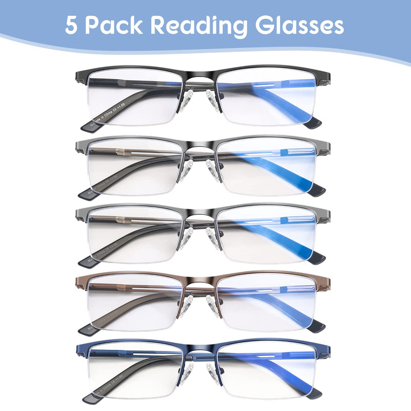 Blue Light Blocking Reading Glasses for Men, Half Frame Metal Readers Spring Hinge Eyeglasses Anti Eyestrain/Glare/UV 5 Pack Mix Color 1.5 x