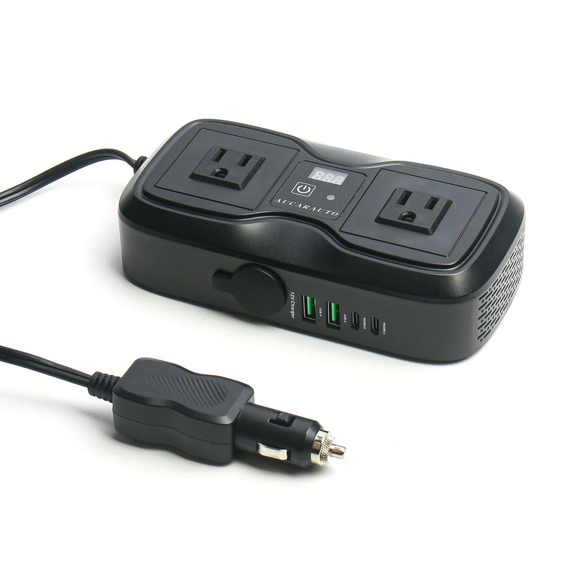 200W Car Power Inverter DC 12V to 110V AC Car Plug Adapter Outlet | LED Voltmeter, 4-Port PD/QC3.0 USB A/C, 2 AC Outlets and Cigarette Lighter Splitter Car Charger for Laptop/Camping/Road Trip 200W