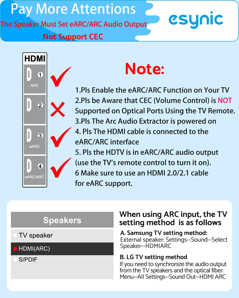 [AUSTRALIA] - eSynic Professional eARC Audio Extractor-Only Work for HDTV ARC/eARC Ports-192KHZ ARC to Optical Audio Adapter-Easy to Setup-7ft Long-Dolby5.1 & DTS 5.1 Formats-from HDTV to Optical Soundbar-No CEC 