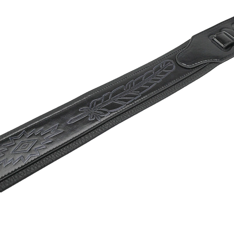 Walker & Williams GB-136 Handmade Brushed Black Padded Guitar Strap With Native American Feather Design For Acoustic, Electric, And Bass Guitars