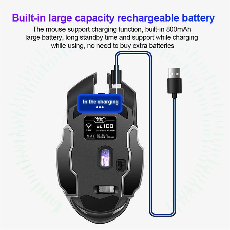 AULA SC100 LED Gaming Mouse Wireless, with Side Buttons, USB Receiver, 2.4G Cordless Programmable Rechargeable Office/Games Computer Mice, Black