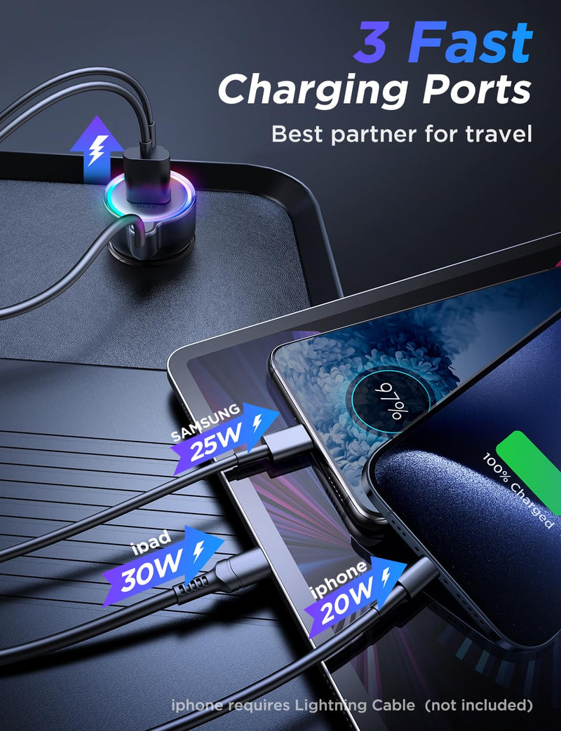 USB C 60W Super Fast Car Charger PD& QC3.0 with 5ft 30W Type C Coiled Cable, Car Phone Charger Adapter for iPhone 15 Pro Max Plus, Samsung Galaxy S23/S22/S21, Google Pixel/Moto/LG/Android, iPad Pro