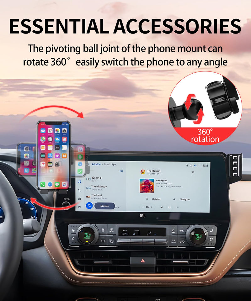 Car Phone Holder for 2024-2025 Toyota Grand Highlander/Grand Highlander Hybrid Accessories 12.3 Inch Screen Fixed Clip Adjustable 360 Degree Rotation Cell Phone Mount Hands Free Clamp Cradle