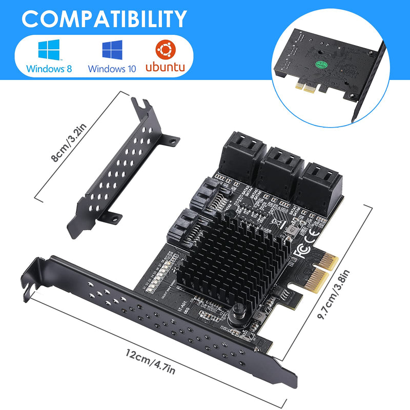 SATA 3.0 Controller Expansion Card, 8-Port PCIE SATA Card, PCI-E X1 3.0 Gen3 (6Gbps) Controller Card for Windows 10/8/Ubuntu (ASM1064 + JMB575)