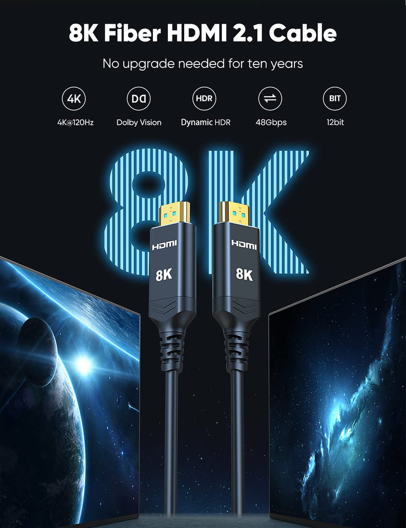 Highwings 50 ft 8K 4K Fiber Optic HDMI Cable in-Wall CL3 Long HDMI Cord | Unidirectional-from Source to Display, High-Speed 48Gbps Dynamic HDR/eARC/HDCP 2.2&2.3/Ethernet, Compatible for Desktop GPU 50 feet 8K@60Hz-1 Pack Black