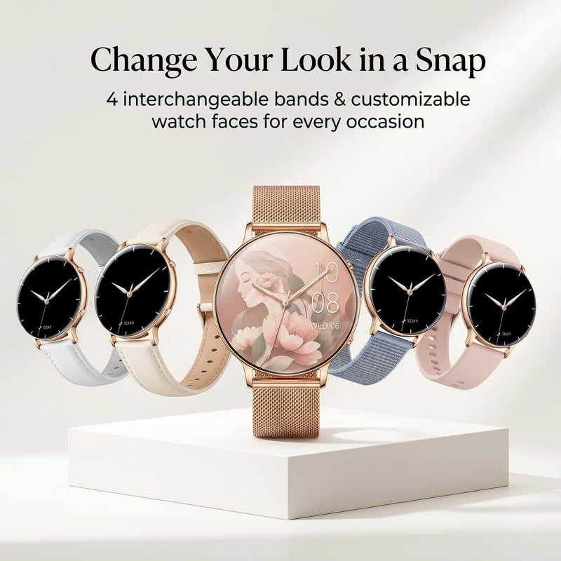 Smart Watch Lightweight for Women: 1.32” AMOLED Display Rose Gold with 2 Bands - IP68 Waterproof Fitness Tracker Smartwatch Compatible iPhone/Android - Gifts for Women 15–45