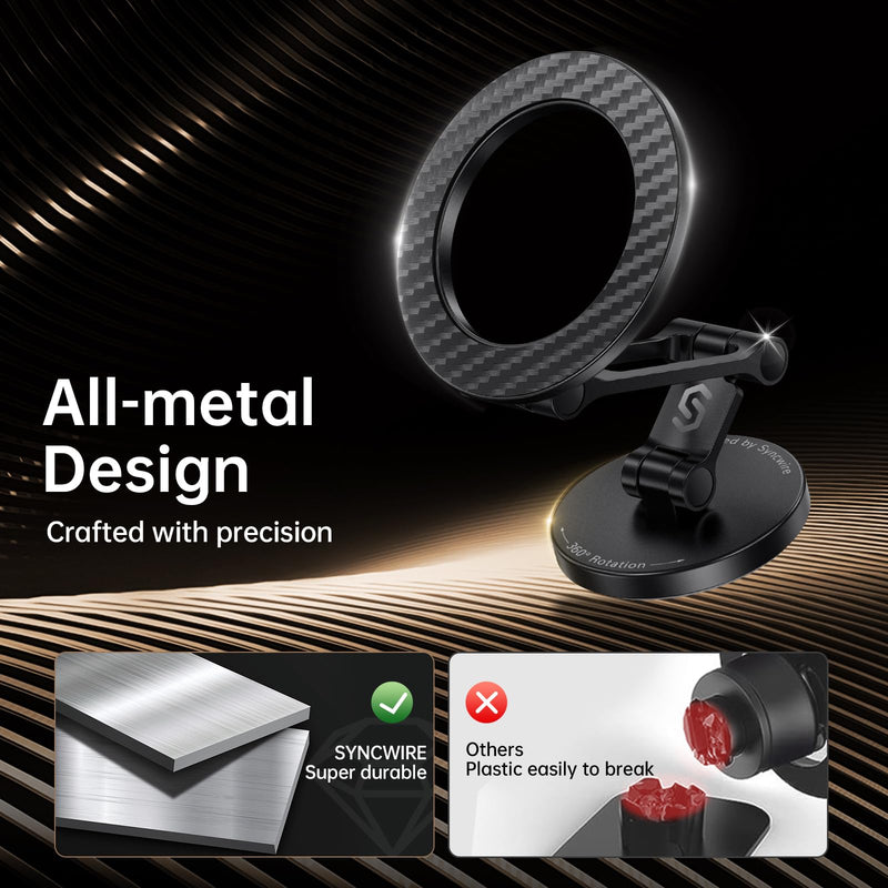SYNCWIRE Fits MagSafe Car Mount Magnetic Phone Holder for Dash and Tesla | Strong Magnets, All Metal, Flexible 3 Axis, 360° Rotation, Dashboard and Screen Support, For iPhone 17 16 15 14 Pro Max Carbon Fiber