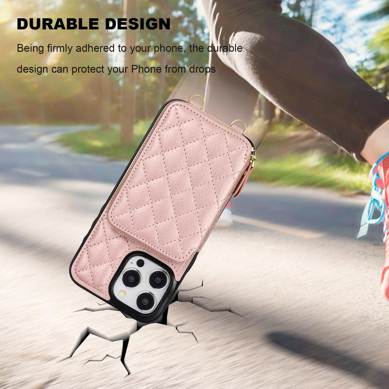 Bocasal Crossbody Wallet Case for iPhone 15 Pro Max, RFID Blocking PU Leather Zipper Handbag Purse Flip Cover, Kickstand Folio Case with Card Slots Holder Wrist Strap Lanyard 5G 6.7 Inch (Rose Gold) Rose Gold