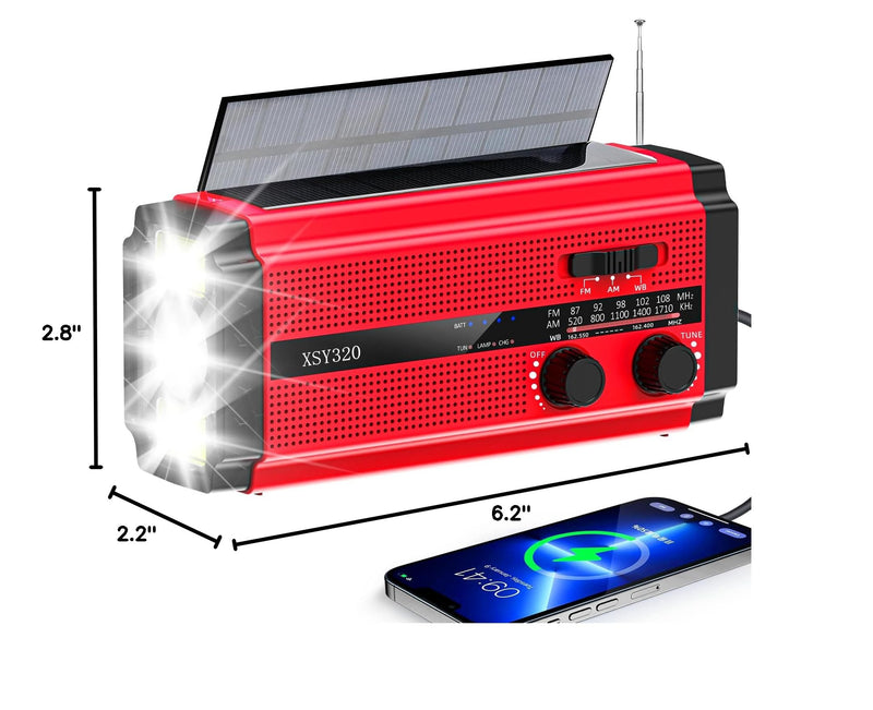 [AUSTRALIA] - Emergency Crank Weather AM/FM Radio with 2 Solar Panels Weather Radio Portable Radio, 5 Charging Modes SOS Siren 3 ModesFlashlightCell Phone ChargerReading Light (Red) Red 