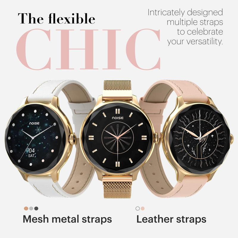 Noise Diva Smartwach for Women with AI Voice Assistant, 100+ Watchfaces, Sleep Tracker, Female Cycle Tracking, BT Calling, AMOLED Display, Water & Dust Resistant, 1 Year Warranty Gold Link