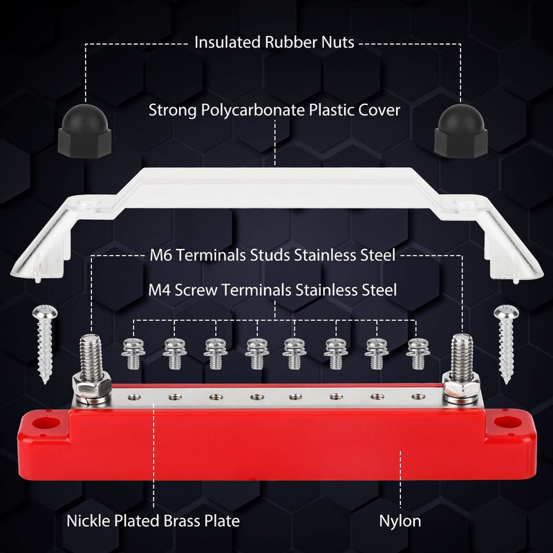 12V Bus Bar, Red Black Battery Power Distribution Block, Terminal Block M6 Terminal Studs M4 Terminal Screws, Busbar with Ring Terminals Cover, for Automotive Car Boat Marine RV Truck, Max 48V 150A