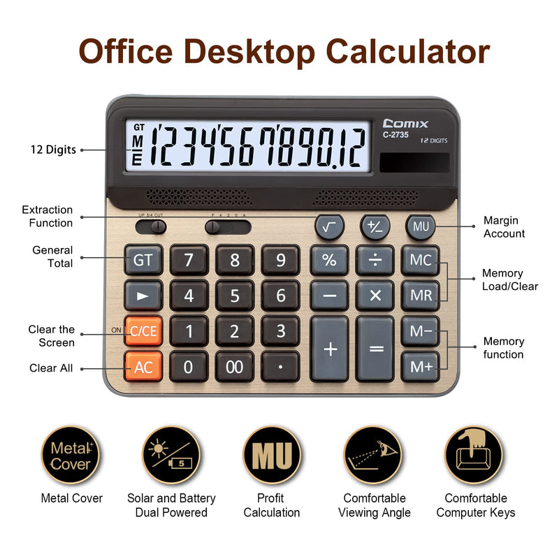 Comix Desktop Calculator, 12 Digits Large Desk Calculator, Gold, 2 Pack | Solar Battery Dual Power, 5 Inch Large LCD Display, Computer Keys, 4 Function Basic Calculator Office Business Home Use