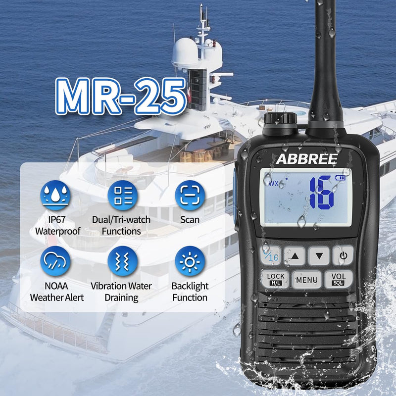 [AUSTRALIA] - ABBREE Marine VHF Radio Floating IP67 Waterproof MR-25 Handheld Long Range Noise Cancelling Mic Walkie Talkie NOAA Weather,LCD Display Vibration Water Draining Two Way Radio for Boat,Black 