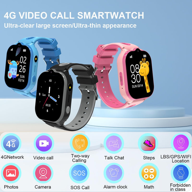 4G Kids Smart Watch with GPS Tracker, Smartwatches with Two Way Calling Video Calls SOS Class Mode Pedometer Alarm Clock Puzzle Games HD Touch Screen Safe Phone Watch for Kids Ages 4-12 Gifts (Pink) Pink