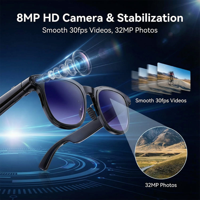 AI Smart Glasses with Camera, 8MP HD Bluetooth Camera Glasses for Women Men | 1080P Video Recording Sunglasses, Real Time Translation, Voice Assistant, Open Earbuds, Travel, Work, Vlog, (3 lenses) Piano black
