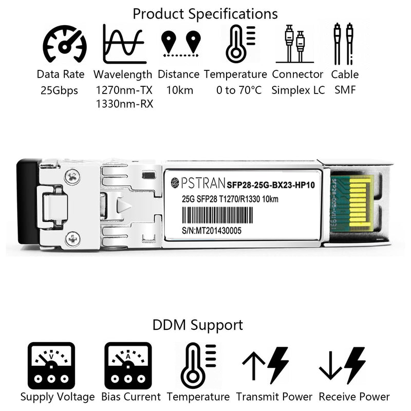 25G BiDi SFP28 Optical Transceiver for HPE Aruba SFP28-25G-BX 10km | 1270nm-TX/1330nm-RX Simplex LC SMF 25GBASE-BX: 1270nm-TX/1330nm-RX 10km