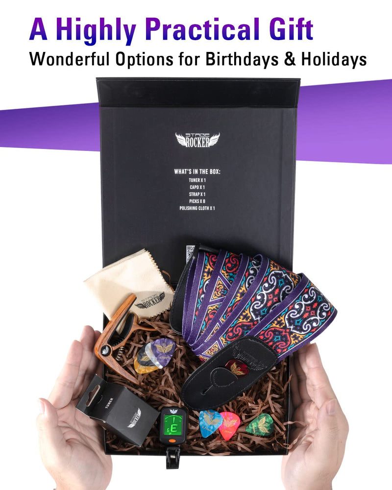 Stage Rocker Guitar Accessories Gift Box for Acoustic and Electric Guitars, 5-in-1 Essential Gift Purple