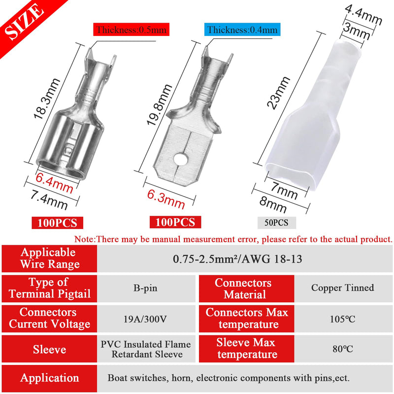 100 x thickened 6.3 mm blade receptacles and 100 x flat connectors, brass tinning, highly conductive blade receptacles 6.3 mm with insulating sleeves 6.3mm Spade Connectors