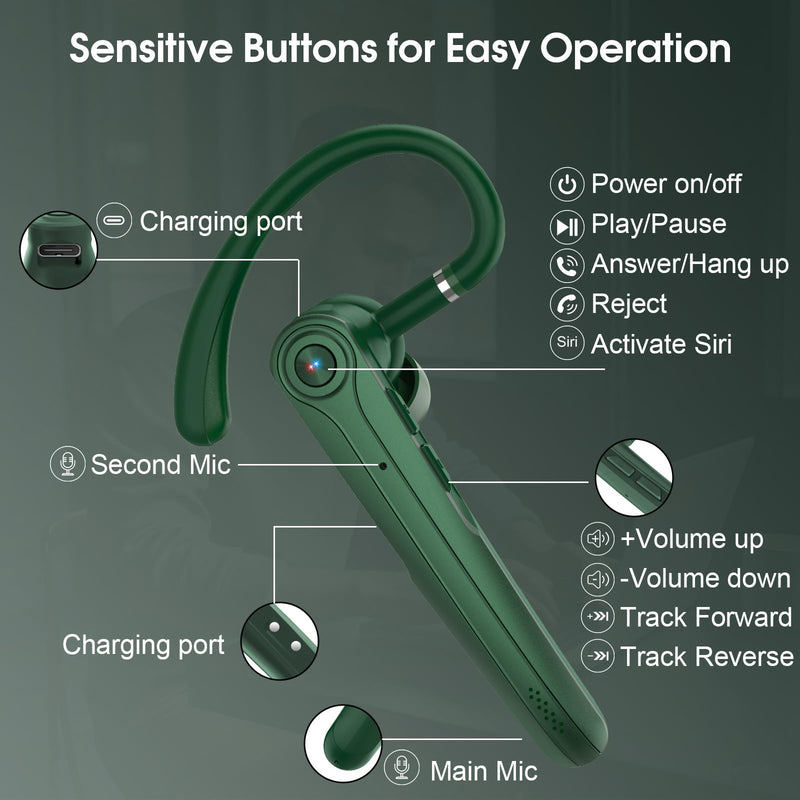 Bluetooth Headset, Wireless Bluetooth Earpiece with ENC Noise Canceling Mic, 120Hrs Talk Single-Ear Headphones, LED Display, IPX7, V5.4 Hand-Free Earphone for Business/Trucker/Driver (Dark Green)